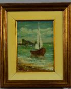 ROSSI (ITALIAN 20TH CENTURY) 'IMPERIA', an oil on board painting of a sailing boat on the shore
