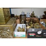 FOUR BOXES OF ASSORTED METALWARES AND LOOSE ITEMS, to include brass base oil lamps, coal box,