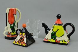 THREE CROWN DEVON ART DECO STYLE ITEMS BY DOROTHY ANN, a jug 'Tiger Trees' (crazed), large teapot '