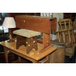 A SMALL OAK DROP LEAF TABLE, footstool, coffee table and a barley twist lamp (4)