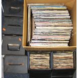 A BOX AND SIX CASES OF OVER NINETY L.P'S AND THREE HUNDRED SINGLES, from artists including The