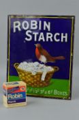 AN ENAMEL ADVERTISING SIGN, ROBIN STARCH, white lettering on blue and green background with image of
