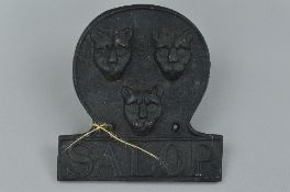 A CAST IRON SALOP FIRE MARK, three leopards heads with Salop underneath, black painted height