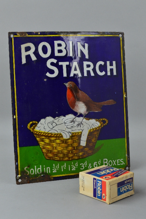 AN ENAMEL ADVERTISING SIGN, ROBIN STARCH, white lettering on blue and green background with image of - Image 2 of 3