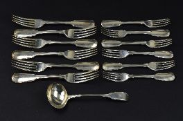 A SET OF SIX VICTORIAN SILVER FIDDLE AND THREAD PATTERN TABLE FORKS, a matching set of six dessert