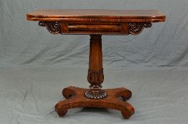 AN EARLY 19TH CENTURY MAHOGANY AND ROSEWOOD BANDED FOLD OVER TEA TABLE, of rectangular form, the