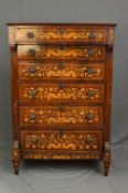 A 19TH CENTURY DUTCH MARQUETRY WALNUT AND OAK CHEST OF DRAWERS, the frieze with inlaid band above an