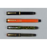 A PARKER VICTORY MK1, no cap ring, in lined green and silver, a Duofold Senior Lucky Curve in orange