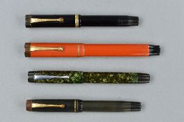 A PARKER VICTORY MK1, no cap ring, in lined green and silver, a Duofold Senior Lucky Curve in orange