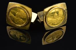 A PAIR OF CUFFLINKS, cushion shape each holding an 'Aarau' gold coin, cufflinks stamped '750',