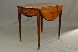 A GEORGE III MAHOGANY OVAL PEMBROKE TABLE, fitted with a single end drawer with brass swan neck