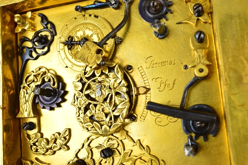 A 17TH CENTURY STYLE GILT METAL HORIZONTAL STRIKING AND REPEATING TABLE CLOCK, of square form, - Image 8 of 8