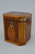 A GEORGE III YEW RECTANGULAR TEA CADDY, with canted corners, satinwood banded, inlaid with