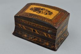 A VICTORIAN TUNBRIDGE WARE RECTANGULAR BOX, the sloped hinged lid inlaid with flowers surrounded