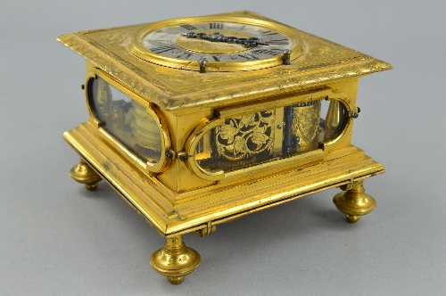 A 17TH CENTURY STYLE GILT METAL HORIZONTAL STRIKING AND REPEATING TABLE CLOCK, of square form, - Image 4 of 8