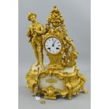 A LATE 19TH CENTURY FIGURAL GILT METAL AND WHITE MARBLE MANTEL CLOCK, cast with a male figure
