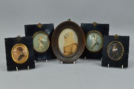 FIVE 19TH CENTURY PROFILE WATERCOLOUR PORTRAIT MINIATURES, comprising a girl and lady cut out and