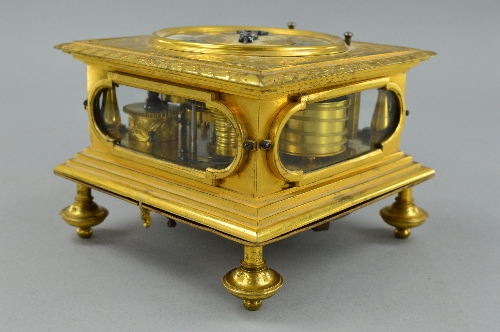 A 17TH CENTURY STYLE GILT METAL HORIZONTAL STRIKING AND REPEATING TABLE CLOCK, of square form, - Image 3 of 8