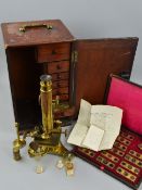 A LATE VICTORIAN MAHOGANY CASED GILT BRASS MICROSCOPE, the foot named 'Bryan 24 Cross St,