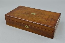 A VICTORIAN WALNUT RECTANGULAR GAMING BOX, the lid inset with card suits cartouche, brass lozenge