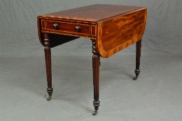 AN EARLY 19TH CENTURY MAHOGANY, ROSEWOOD AND SATINWOOD BANDED AND INLAID PEMBROKE TABLE, D drop