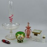 A VICTORIAN CLEAR GLASS EPERGNE, the removable central vase with cranberry and gilt glass serpent