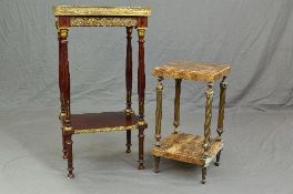 A LATE 19TH/EARLY 20TH CENTURY STRIATED BROWN MARBLE TWO TIER OCCASIONAL TABLE, of square form,