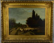 JOSEPH FOXCROFT COLE (AMERICAN, 1837-1892), Village scene with figures, shepherd and sheep, oil on