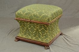 A VICTORIAN ROSEWOOD AND UPHOLSTERED SQUARE OTTOMAN STOOL, hinged seat with fabric lined interior,