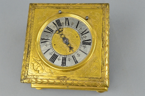 A 17TH CENTURY STYLE GILT METAL HORIZONTAL STRIKING AND REPEATING TABLE CLOCK, of square form, - Image 2 of 8