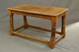 AN EARLY 18TH CENTURY STYLE OAK JOINT STOOL/TABLE, rectangular top with moulded edge on four block