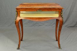 AN EARLY 20TH CENTURY WALNUT AND INLAID LOUIS XVI REVIVAL DISPLAY TABLE, the rectangular cushion