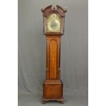 A GEORGE III OAK, MAHOGANY BANDED AND INLAID LONGCASE CLOCK, the hood with broken arch pediment