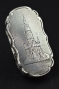 A VICTORIAN SILVER VINAIGRETTE OF OBLONG FORM ENGRAVED WITH THE SCOTT MEMORIAL TO THE LID, engine