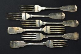 A SET OF SIX GEORGE IV SILVER FIDDLE PATTERN TABLE FORKS, maker George Jamieson, London 1824 and