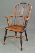 A MID/LATE 19TH CENTURY YEW AND ELM WINDSOR CHAIR, central vase shaped splat, turned legs, crinoline