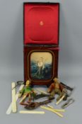 A GROUP LOT OF TREEN, METALWARE, etc, including a novelty treen nutcracker, two Victorian ivory page