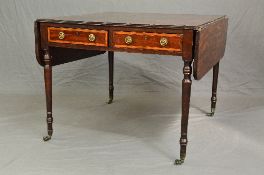 AN EARLY 19TH CENTURY MAHOGANY AND SATINWOOD BANDED RECTANGULAR DROP LEAF DINING/LIBRARY TABLE,
