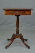 AN EARLY VICTORIAN BURR YEW AND INLAID WORK TABLE, the rectangular top with beaded edge above a