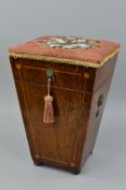 AN EARLY 19TH CENTURY MAHOGANY AND INLAID BOX, of square tapering form, Victorian beadwork