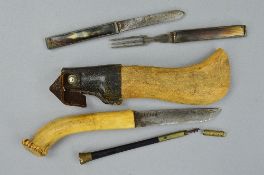 AN INUIT TYPE HUNTING KNIFE, bone grip and scabbard with leather band, the scabbard decorated with a
