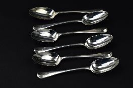 A SET OF SIX GEORGE III SILVER OLD ENGLISH PATTERN TABLESPOONS, engraved bull's head crest,