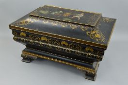 A 19TH CENTURY BLACK LACQUERED, GILT AND PAINTED CHEST OF SARCOPHAGUS FORM, the hinged lid painted