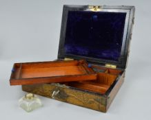 A MID VICTORIAN BURR WOOD STATIONERY LAP BOX, gilt metal mounts (one lacking and gilding mostly