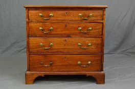 A GEORGE III MAHOGANY CHEST OF FOUR LONG GRADUATED DRAWERS, brass swan neck handles bracket feet,