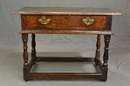 A GEORGE III OAK SIDE TABLE, rectangular top with moulded edge above a long drawer with pierced