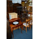 A MODERN LADIES WRITING DESK, a Victorian rosewood hanging whatnot, three items of occasional