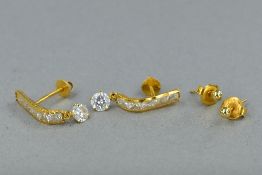 TWO PAIRS OF EARRINGS, to include a 22ct gold cubic zirconia drop earrings, post and screw scroll