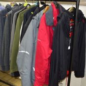 TWELVE VARIOUS COATS, JACKET AND SWEAT TOPS, to include black Superdry coat, size XL, red Audio