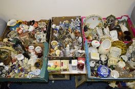 FIVE BOXES AND LOOSE ORNAMENTS, VASES ETC, to include Sadler teapots, Swarovski, glass animals (sd),